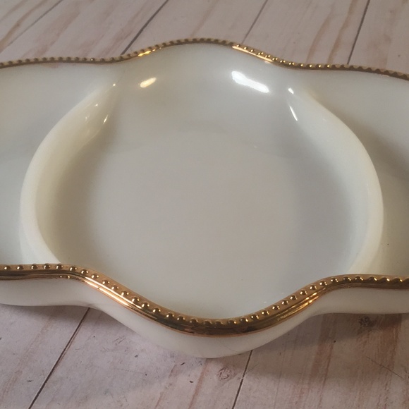 Fire King Dining Vtg Fire King Milk Glass Gold Trim Divided Dish